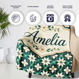 Elegant White Floral Lattice on Teal Geometric Background Seamless  Personalised Custom Name Super Soft Fleece Blanket Bed Sofa Throw