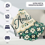 Elegant White Floral Lattice on Teal Geometric Background Seamless  Personalised Custom Name Super Soft Fleece Blanket Bed Sofa Throw