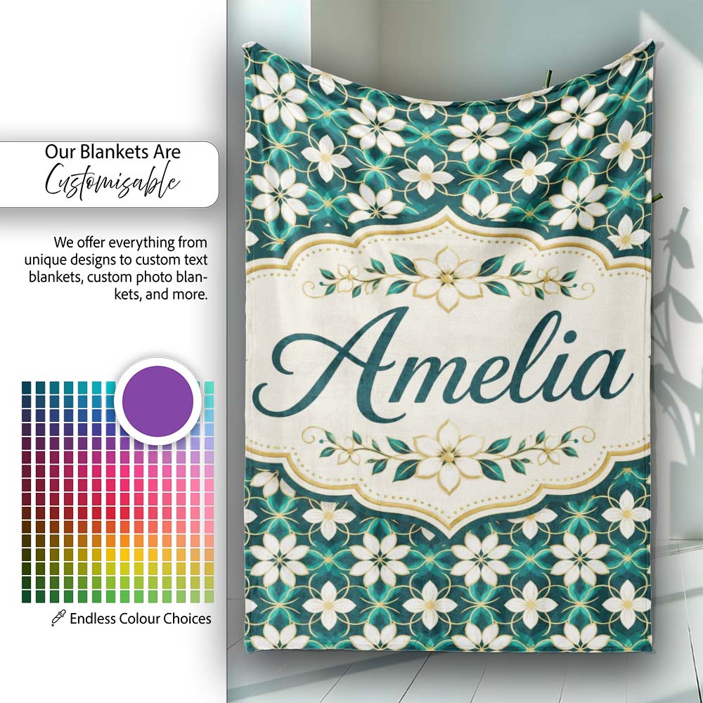 Elegant White Floral Lattice on Teal Geometric Background Seamless  Personalised Custom Name Super Soft Fleece Blanket Bed Sofa Throw