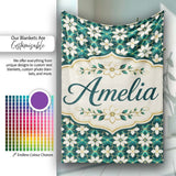 Elegant White Floral Lattice on Teal Geometric Background Seamless  Personalised Custom Name Super Soft Fleece Blanket Bed Sofa Throw