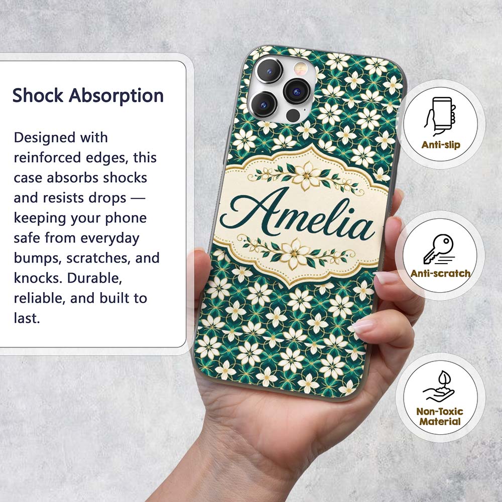 Elegant White Floral Lattice on Teal Geometric Custom Name Protective Phone Case Mobile Cover Durable Everyday Smartphone Shock Resistant