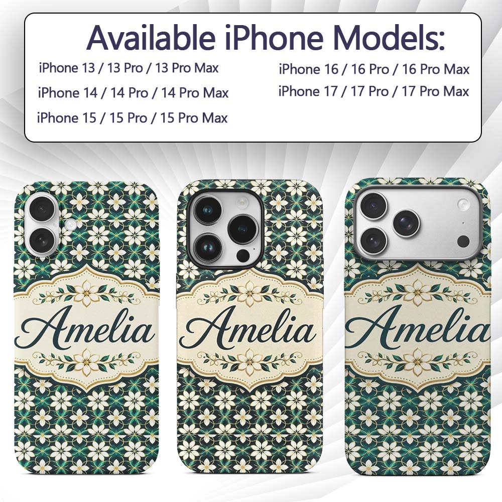 Elegant White Floral Lattice on Teal Geometric Custom Name Protective Phone Case Mobile Cover Durable Everyday Smartphone Shock Resistant