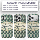 Elegant White Floral Lattice on Teal Geometric Custom Name Protective Phone Case Mobile Cover Durable Everyday Smartphone Shock Resistant