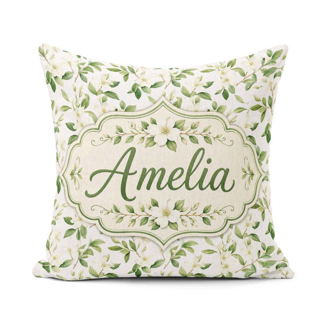 Custom Name Elegant White Blossom Floral Pattern on Soft Neutral Square Filled Cushion Throw Pillow Sofa Bed Home Decor Zip Washable UK Made