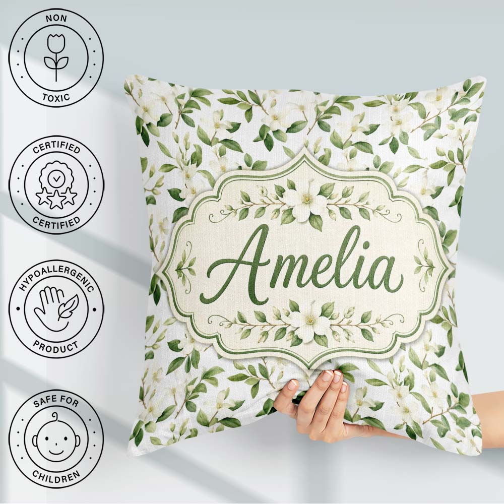 Custom Name Elegant White Blossom Floral Pattern on Soft Neutral Square Filled Cushion Throw Pillow Sofa Bed Home Decor Zip Washable UK Made