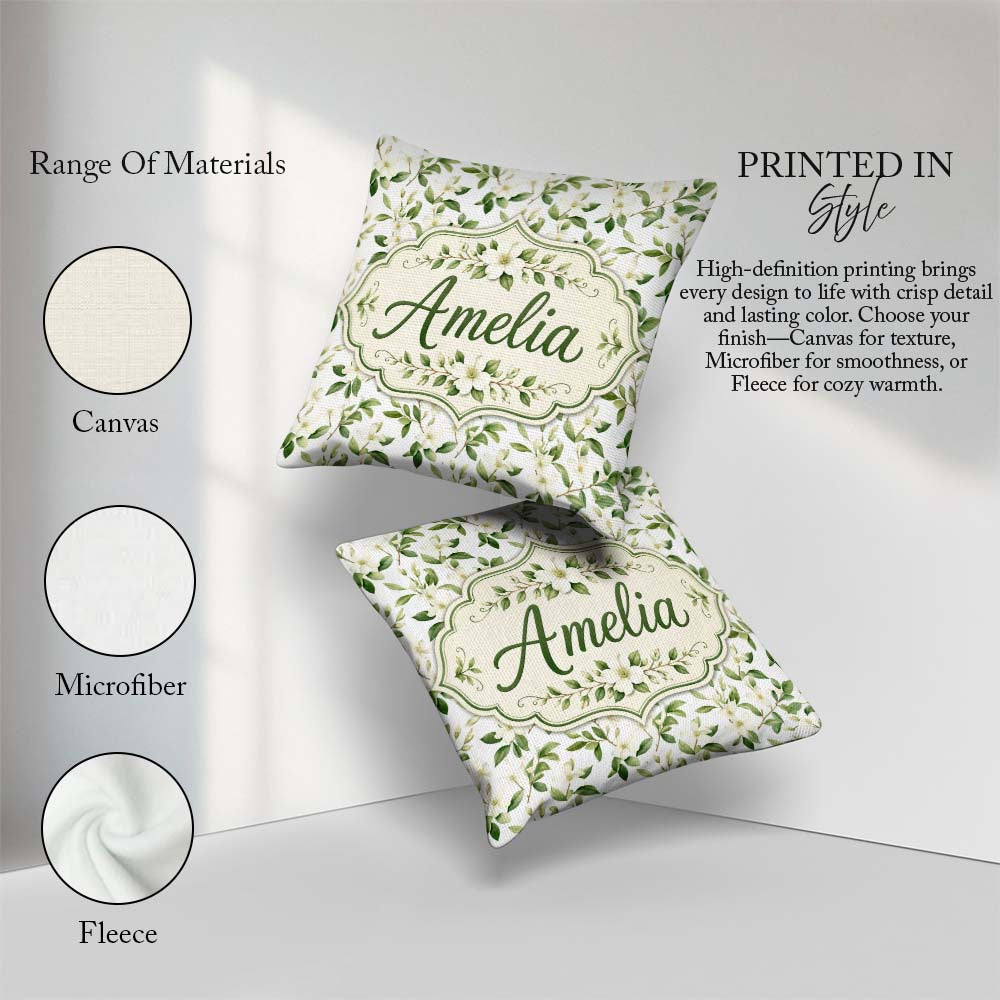Custom Name Elegant White Blossom Floral Pattern on Soft Neutral Square Filled Cushion Throw Pillow Sofa Bed Home Decor Zip Washable UK Made