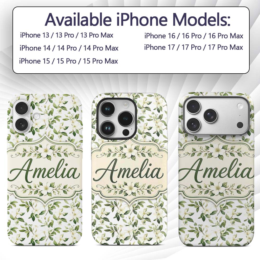 Elegant White Blossom Floral Branch Pattern on Custom Name Protective Phone Case Mobile Cover Durable Everyday Smartphone Shock Resistant