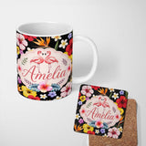 Personalized Custom Name Cute Tropical Hibiscus Flowers Birds of Paradise Bright Floral 11oz Ceramic Coffee Tea Mug White Large Handle