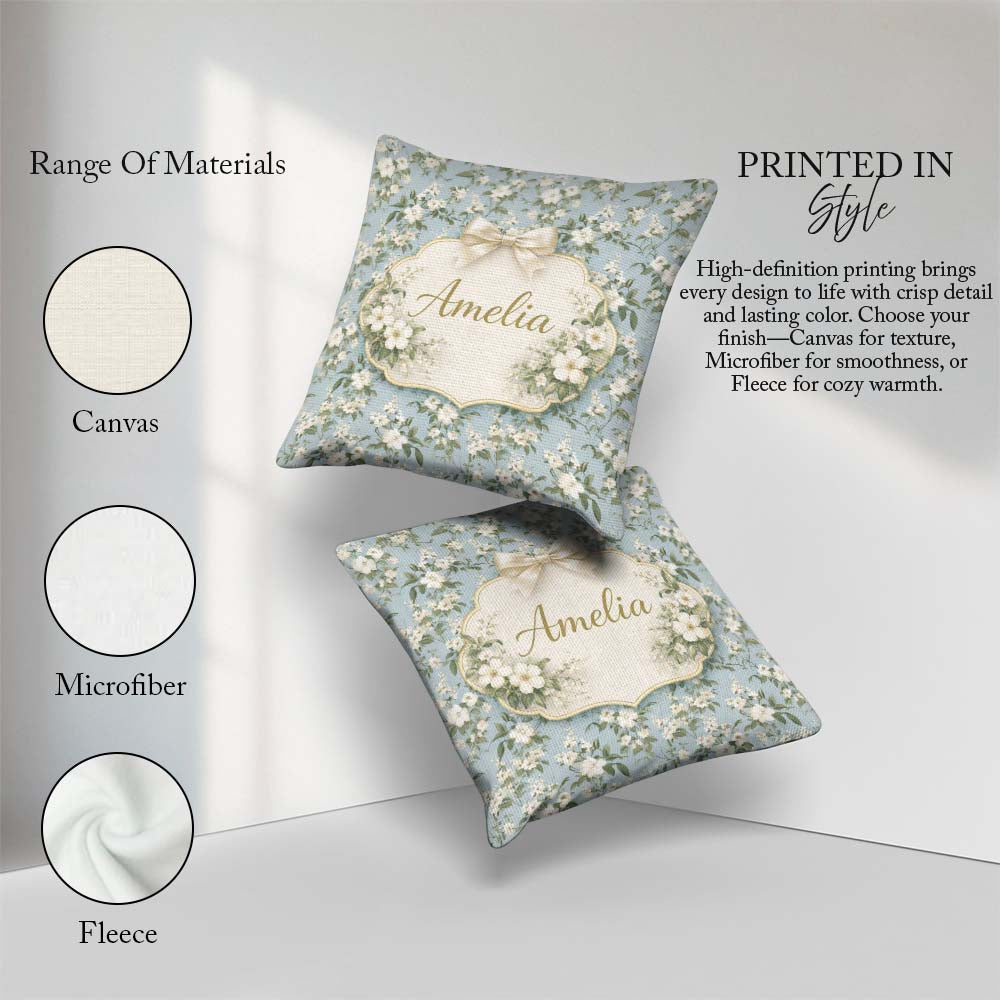 Custom Name Light Blue Ditsy Floral Small Blossom Repeat Cute Square Filled Cushion Throw Pillow Sofa Bed Home Decor Zip Washable UK Made
