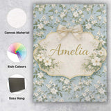 Personalised Name Light Blue Ditsy Floral Small Blossom Repeat Cute Custom Canvas Wall Art Print Decor Picture Ready to Hang