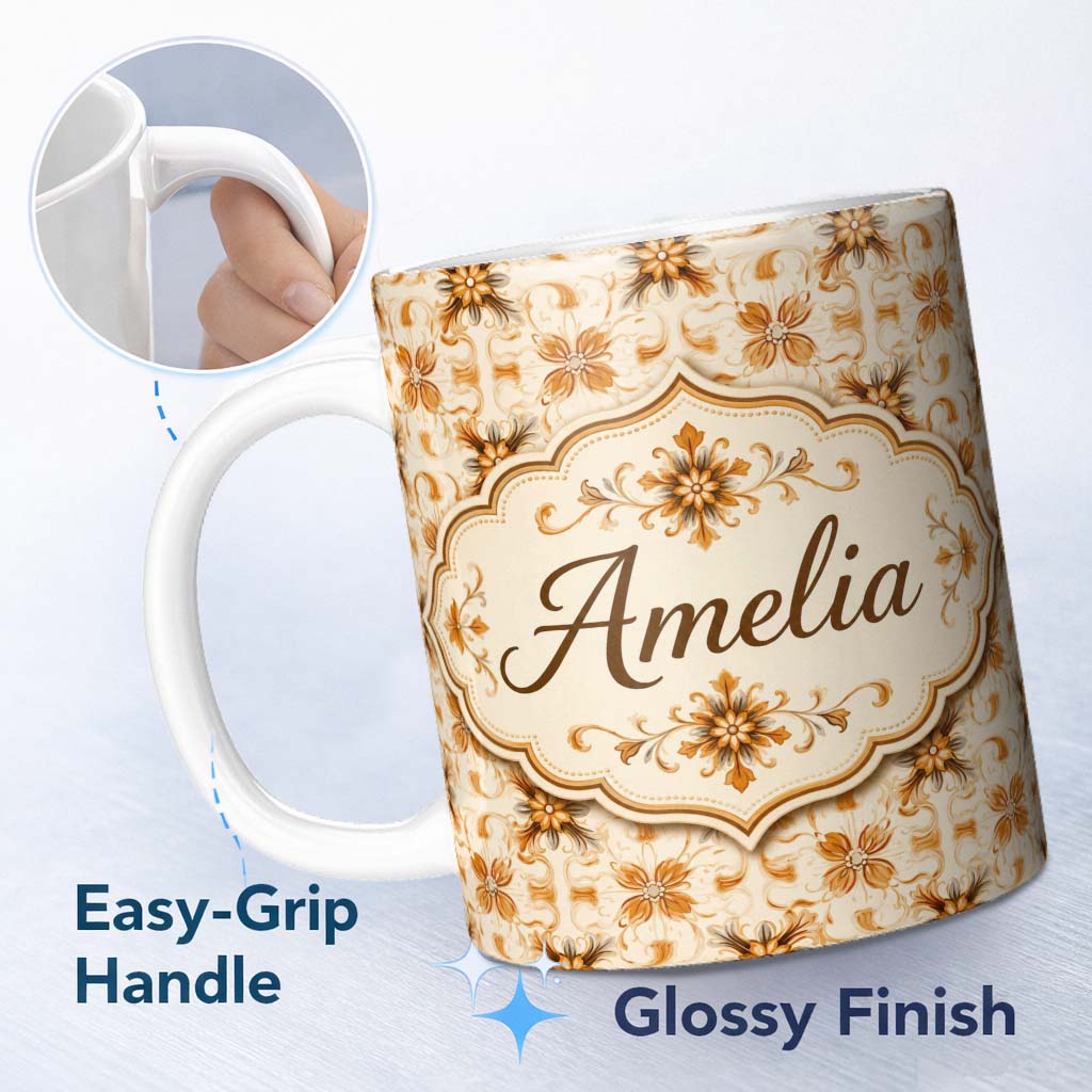Personalized Custom Name Golden Brown Ornate Floral Tile Pattern with Classic Symmetrical 11oz Ceramic Coffee Tea Mug White Large Handle