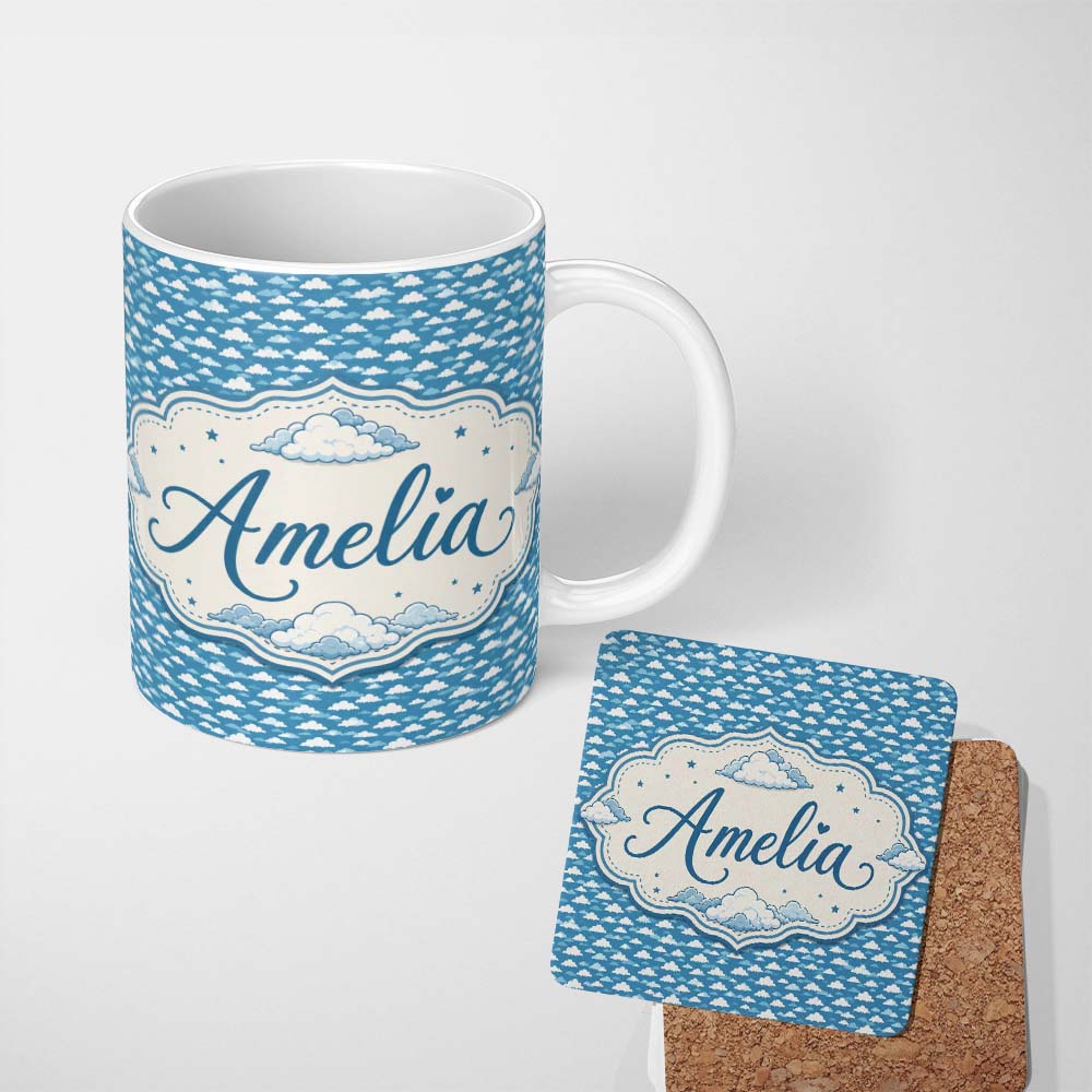 Personalized Custom Name Dense Cloud Pattern Blue Tones Small Scale Seamless Design Lovely 11oz Ceramic Coffee Tea Mug White Large Handle