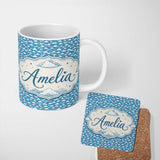 Personalized Custom Name Dense Cloud Pattern Blue Tones Small Scale Seamless Design Lovely 11oz Ceramic Coffee Tea Mug White Large Handle
