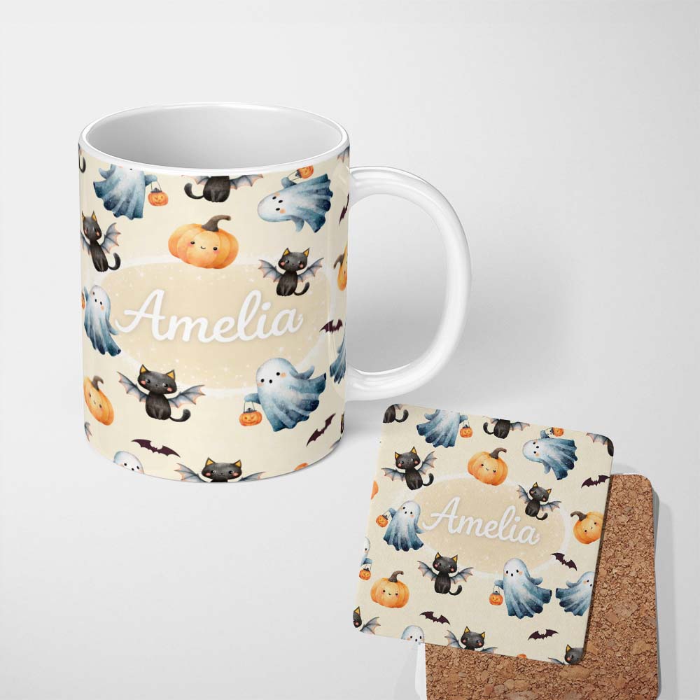Personalized Custom Name Halloween Ghost Pumpkin Cat Seamless Pattern Beige Cute Spooky 11oz Ceramic Coffee Tea Mug White Large Handle