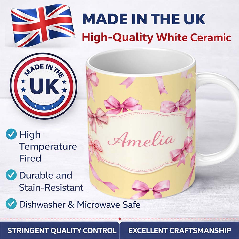 Personalized Custom Name Watercolor Pink Ribbon Bow Seamless Pattern on Warm Yellow Lovely 11oz Ceramic Coffee Tea Mug White Large Handle