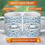 Personalized Custom Name Classic Blue Floral Vine Pattern on Light Background Vintage Style 11oz Ceramic Coffee Tea Mug White Large Handle
