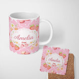 Personalized Custom Name Strawberry Cherry Daisy Seamless Bright Pink Cute Coquette Floral 11oz Ceramic Coffee Tea Mug White Large Handle
