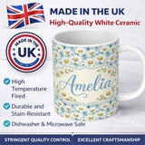 Personalized Custom Name Soft Blue Background White Daisy Floral Seamless Pattern Lovely 11oz Ceramic Coffee Tea Mug White Large Handle