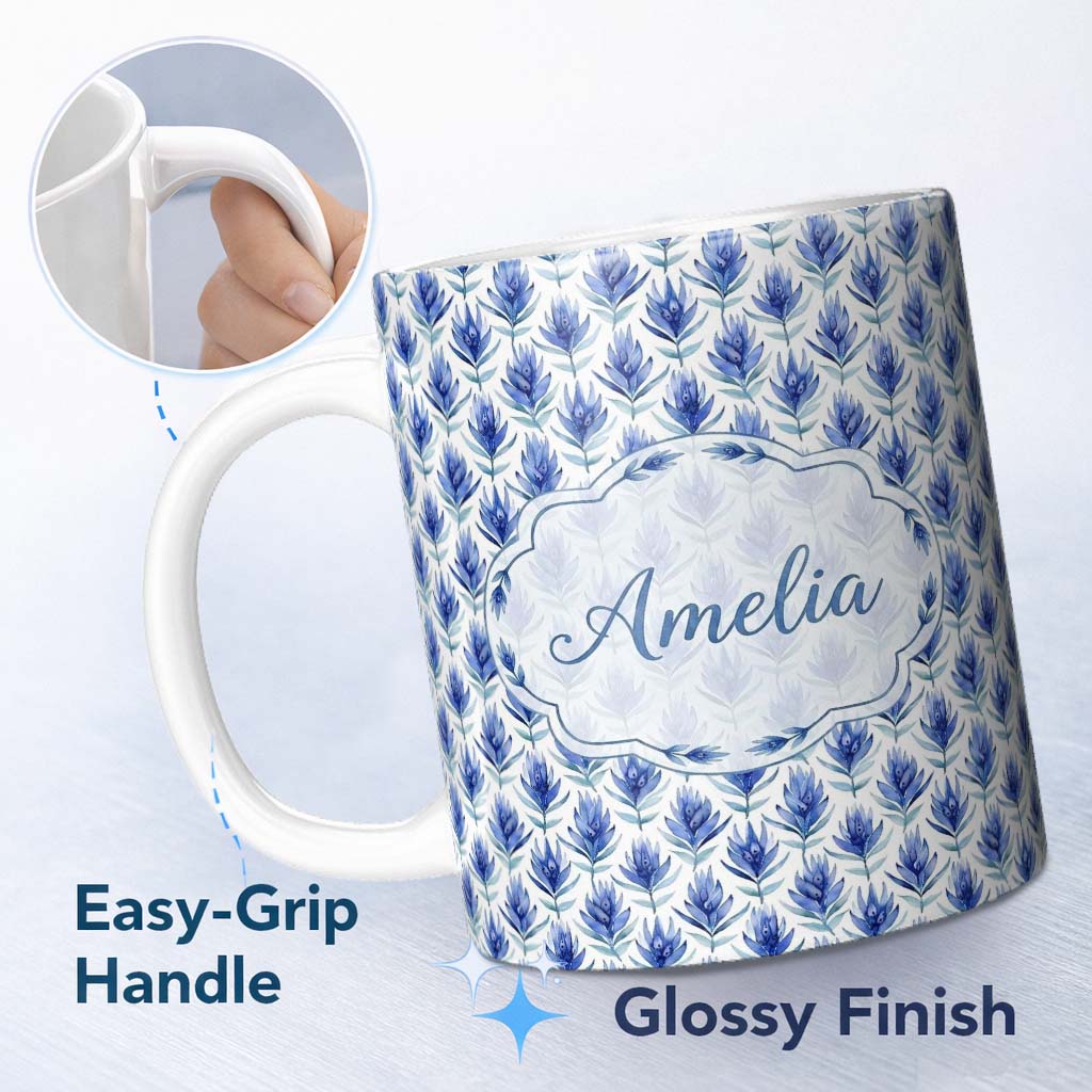 Personalized Custom Name Delicate Blue Leaf Watercolor Botanical Seamless Pattern Lovely 11oz Ceramic Coffee Tea Mug White Large Handle