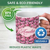 Personalized Custom Name Bright Pink Floral Bloom Dense Botanical Seamless Pattern Lovely 11oz Ceramic Coffee Tea Mug White Large Handle