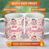 Personalized Custom Name Romantic Couple Kissing Floral Bouquet Hearts Seamless Pattern Beige 11oz Ceramic Coffee Tea Mug White Large Handle