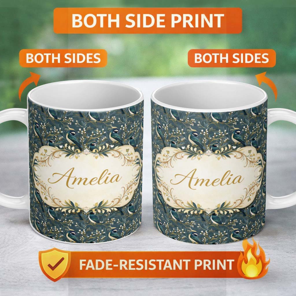 Personalized Custom Name Teal Bird Gold Branch White Berry Elegant Seamless Pattern Lovely 11oz Ceramic Coffee Tea Mug White Large Handle