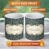 Personalized Custom Name Teal Bird Gold Branch White Berry Elegant Seamless Pattern Lovely 11oz Ceramic Coffee Tea Mug White Large Handle