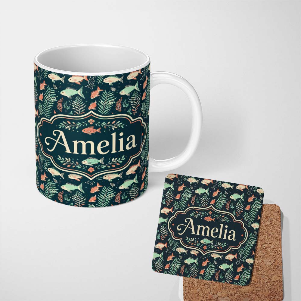 Personalized Custom Name Cute Coral and Mint Fish with Seaweed Ocean Seamless Pattern Lovely 11oz Ceramic Coffee Tea Mug White Large Handle