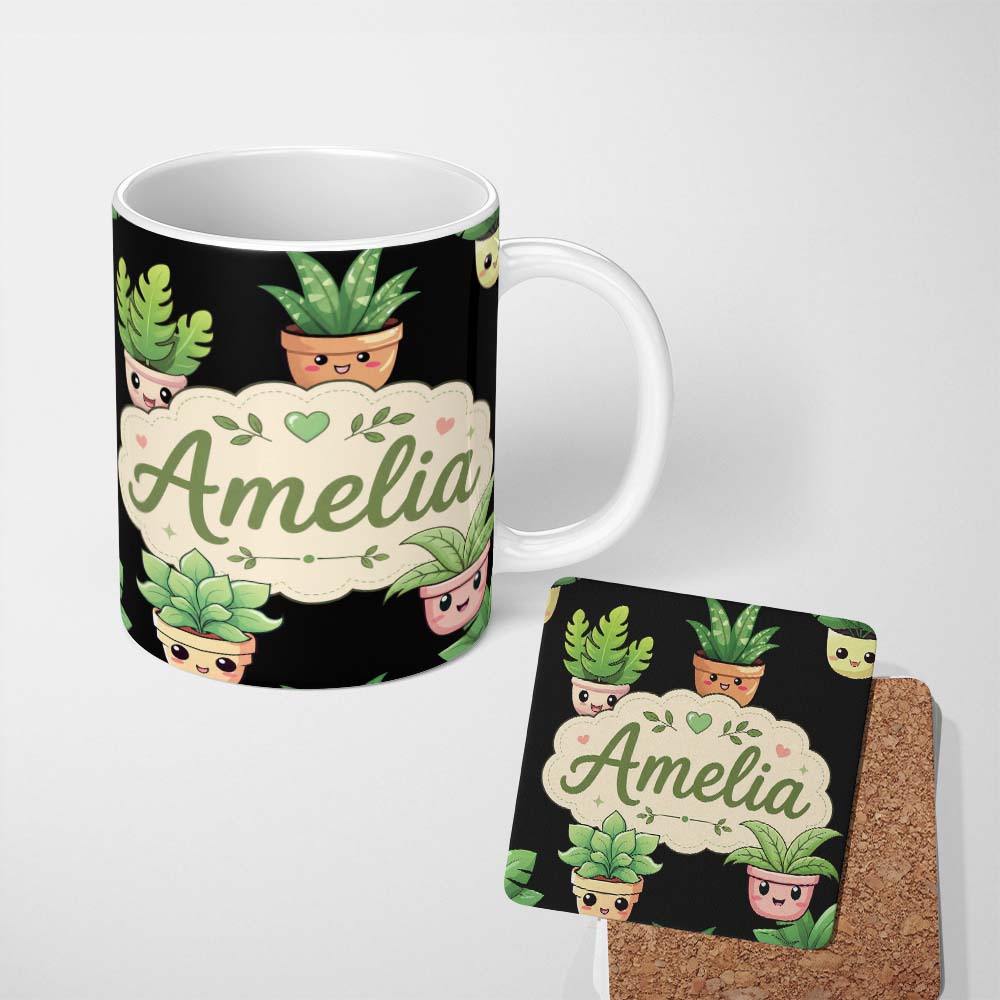 Personalized Custom Name Cute Kawaii Cute Plant Pots Leaves Seamless Pattern Black Background 11oz Ceramic Coffee Tea Mug White Large Handle