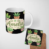 Personalized Custom Name Cute Kawaii Cute Plant Pots Leaves Seamless Pattern Black Background 11oz Ceramic Coffee Tea Mug White Large Handle