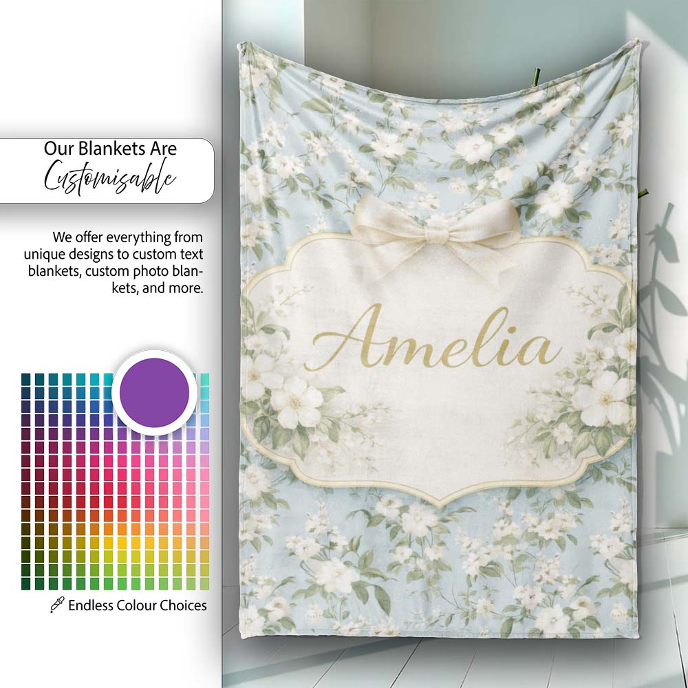 Light Blue Ditsy Floral Small Blossom Repeat Cute Unique Gift Lovely Personalised Custom Name Super Soft Fleece Blanket Bed Sofa Throw