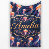 Orange Jellyfish Underwater Ocean on Dark Blue Background Lovely  Personalised Custom Name Super Soft Fleece Blanket Bed Sofa Throw