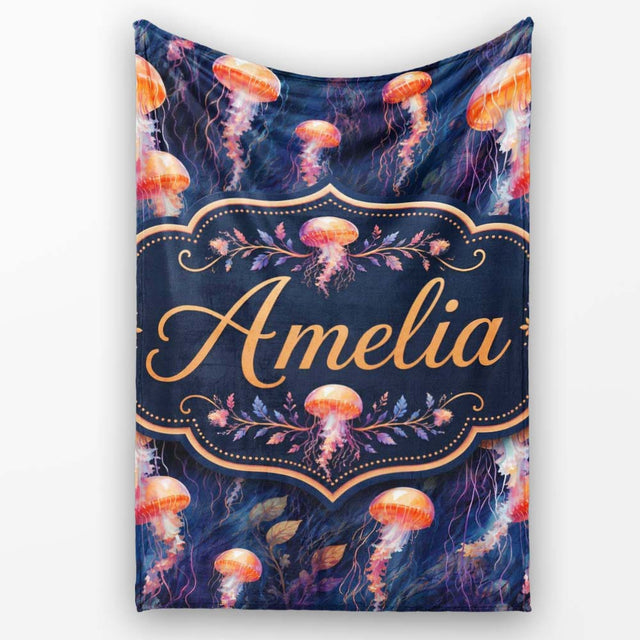 Orange Jellyfish Underwater Ocean on Dark Blue Background Lovely  Personalised Custom Name Super Soft Fleece Blanket Bed Sofa Throw