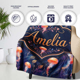 Orange Jellyfish Underwater Ocean on Dark Blue Background Lovely  Personalised Custom Name Super Soft Fleece Blanket Bed Sofa Throw