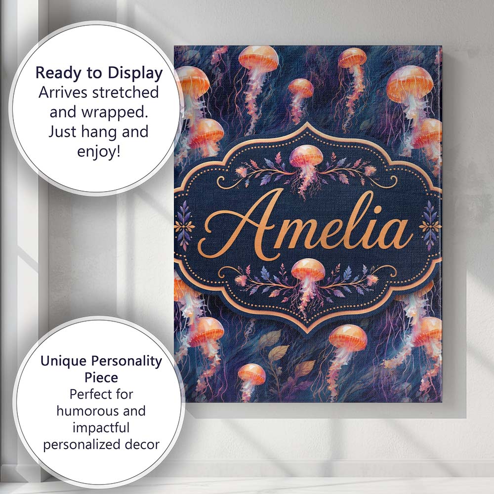 Personalised Name Orange Jellyfish Underwater Custom Unique Gift Idea Modern Room Accent Canvas Wall Art Print Decor Picture Ready to Hang
