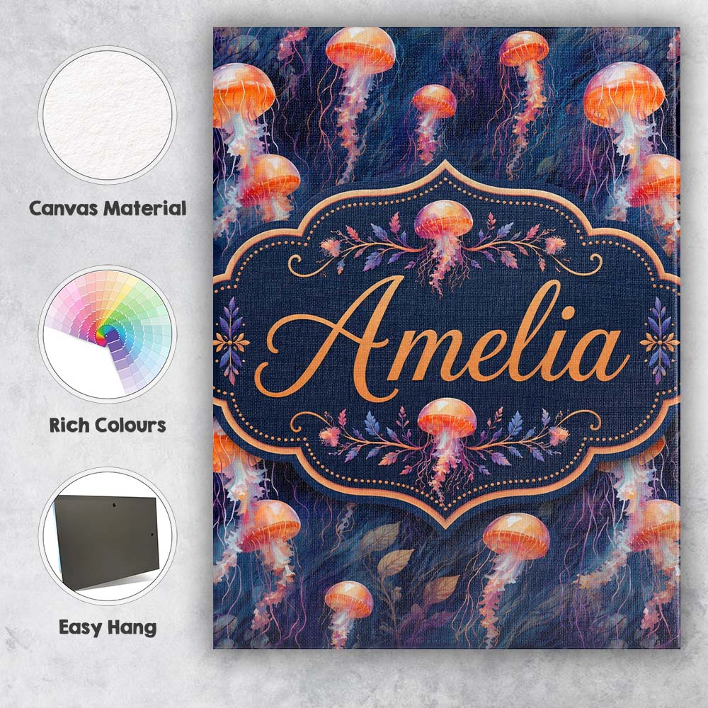 Personalised Name Orange Jellyfish Underwater Custom Unique Gift Idea Modern Room Accent Canvas Wall Art Print Decor Picture Ready to Hang