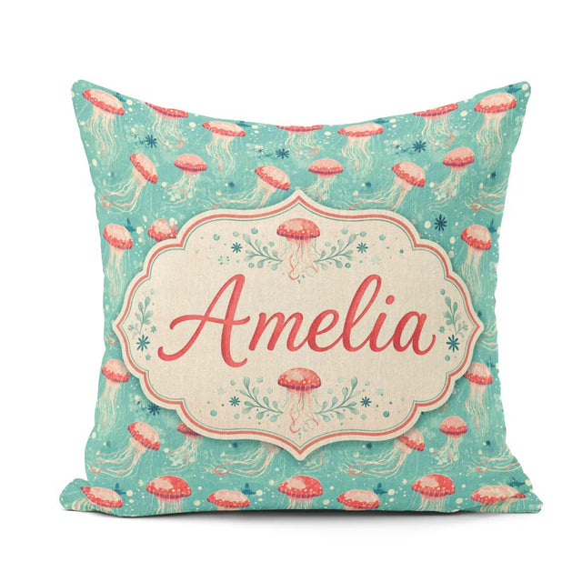 Custom Name Red Cartoon Style on Teal Background Seamless Marine Square Filled Cushion Throw Pillow Sofa Bed Home Decor Zip Washable UK Made