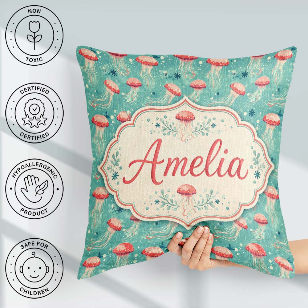 Custom Name Red Cartoon Style on Teal Background Seamless Marine Square Filled Cushion Throw Pillow Sofa Bed Home Decor Zip Washable UK Made