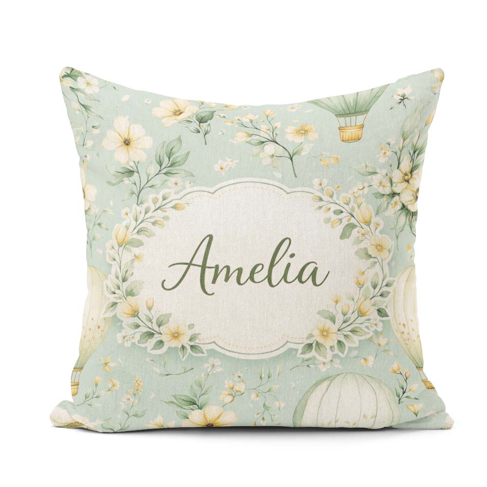 Custom Name Hot Air Balloon Floral Pattern Green Seamless Lovely Square Filled Cushion Throw Pillow Sofa Bed Home Decor Zip Washable UK Made