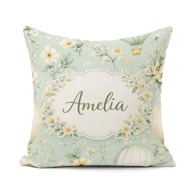 Custom Name Hot Air Balloon Floral Pattern Green Seamless Lovely Square Filled Cushion Throw Pillow Sofa Bed Home Decor Zip Washable UK Made