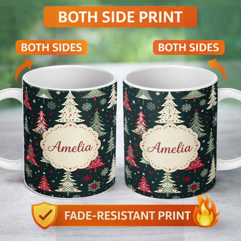 Personalized Custom Name Nordic Christmas Trees Red White Green Snowflakes Festive Seamless 11oz Ceramic Coffee Tea Mug White Large Handle