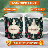 Personalized Custom Name Nordic Christmas Trees Red White Green Snowflakes Festive Seamless 11oz Ceramic Coffee Tea Mug White Large Handle