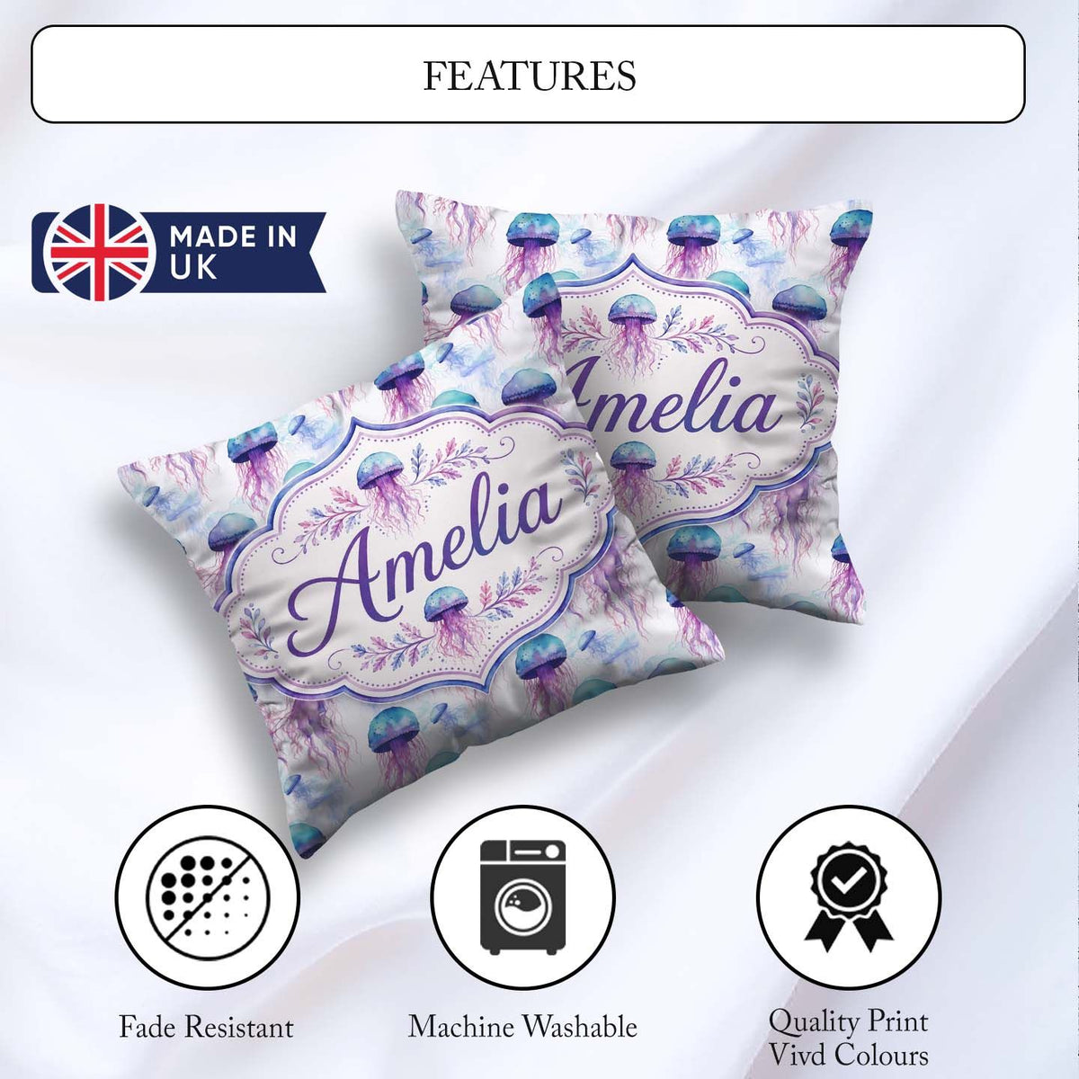 Custom Name Soft Pastel Jellyfish Floating Underwater Pattern on Square Filled Cushion Throw Pillow Sofa Bed Home Decor Zip Washable UK Made