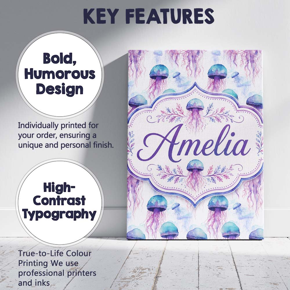 Personalised Name Soft Pastel Jellyfish Custom  Modern Room Accent Elegant Feature Canvas Wall Art Print Decor Picture Ready to Hang