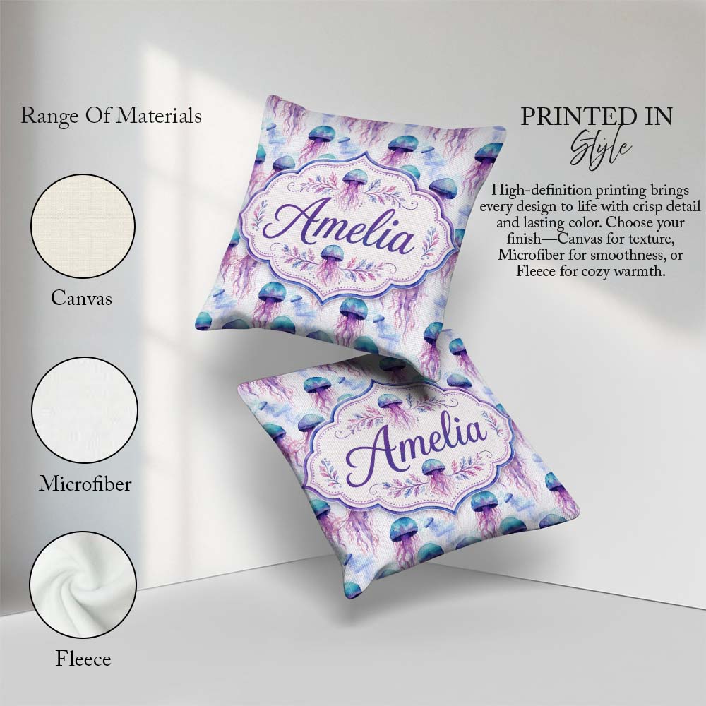 Custom Name Soft Pastel Jellyfish Floating Underwater Pattern on Square Filled Cushion Throw Pillow Sofa Bed Home Decor Zip Washable UK Made