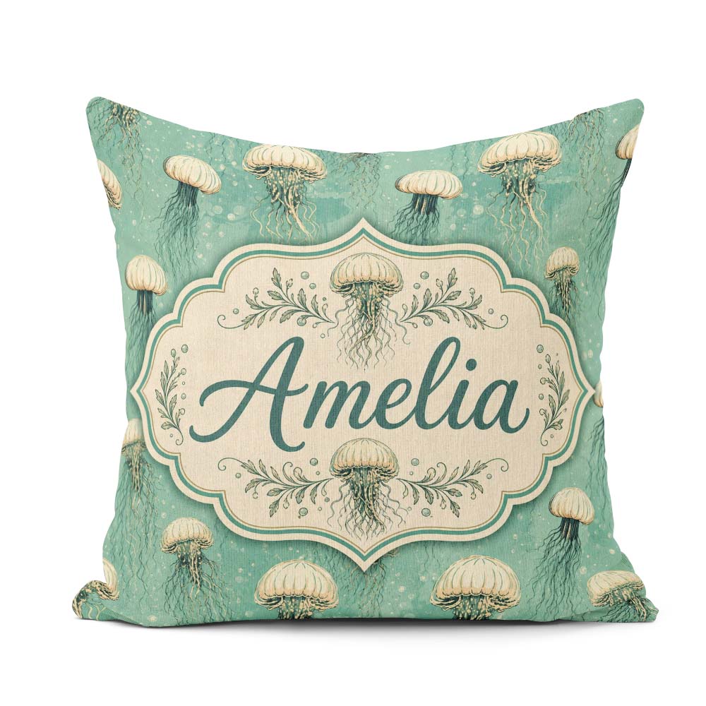 Custom Name Style Illustration on Muted Green Background Ocean Square Filled Cushion Throw Pillow Sofa Bed Home Decor Zip Washable UK Made