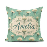 Custom Name Style Illustration on Muted Green Background Ocean Square Filled Cushion Throw Pillow Sofa Bed Home Decor Zip Washable UK Made