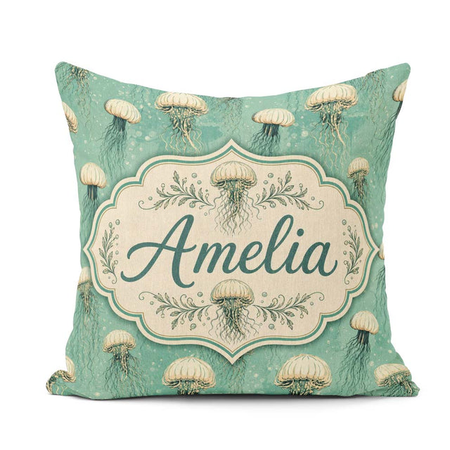 Custom Name Style Illustration on Muted Green Background Ocean Square Filled Cushion Throw Pillow Sofa Bed Home Decor Zip Washable UK Made