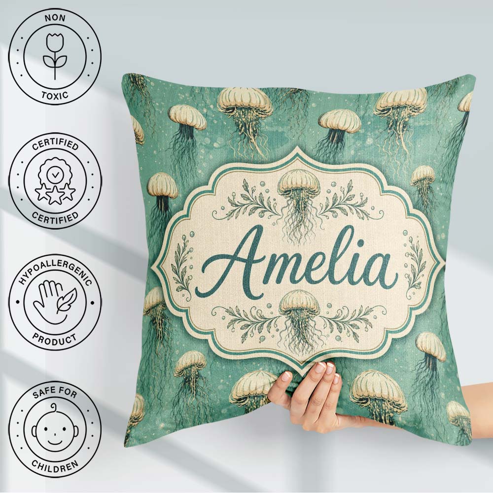 Custom Name Style Illustration on Muted Green Background Ocean Square Filled Cushion Throw Pillow Sofa Bed Home Decor Zip Washable UK Made
