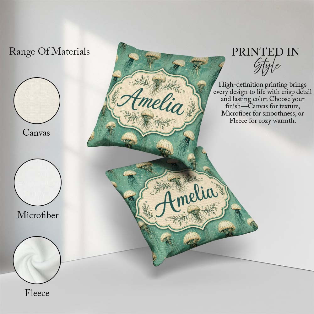 Custom Name Style Illustration on Muted Green Background Ocean Square Filled Cushion Throw Pillow Sofa Bed Home Decor Zip Washable UK Made